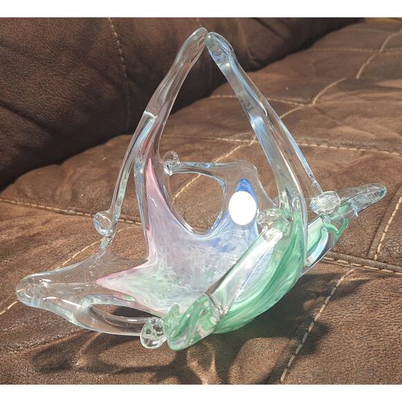 Murano Art Glassware Basket Collectible Italian Venetian 7.25"t x 8"w x 5"d - Picture 4 of 12